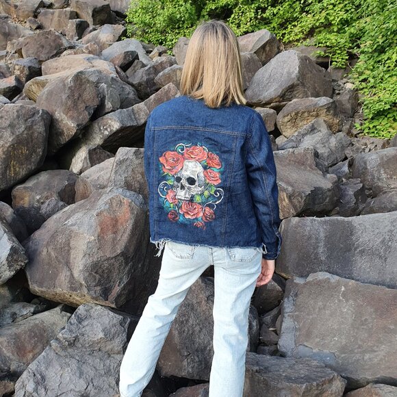 Scull Painted Denim Jacket, Handmade Painted Jacket, Jean Jacket Painted Scull - Picture 5 of 5